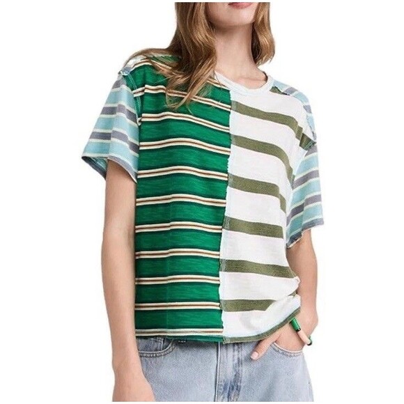 Free People Get Real T-Shirt Oversized Medium S/S Color-block Striped Green New - Picture 1 of 16